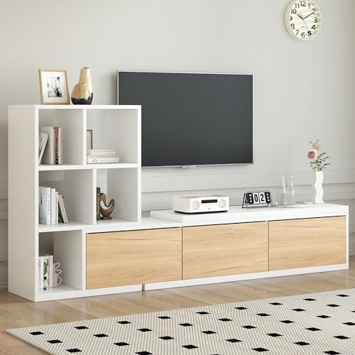 74.8''-126'' TV Stand with 3 Tier Bookshelves for TVs up to 110'', Modern Extendable TV Stand with Sliding Tabletop, Wood Gaming Entertainment Center Media Stand with Adjustable Width,White