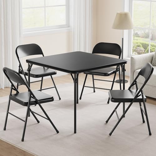 GAOMON Portable Folding Card Table and Chair Set of 3, Pu Upholstered Foldable Table, and All Metal Folding Chairs, Table and Chairs Suitable for Dining Room, Living Room, Office, Camping-Grey