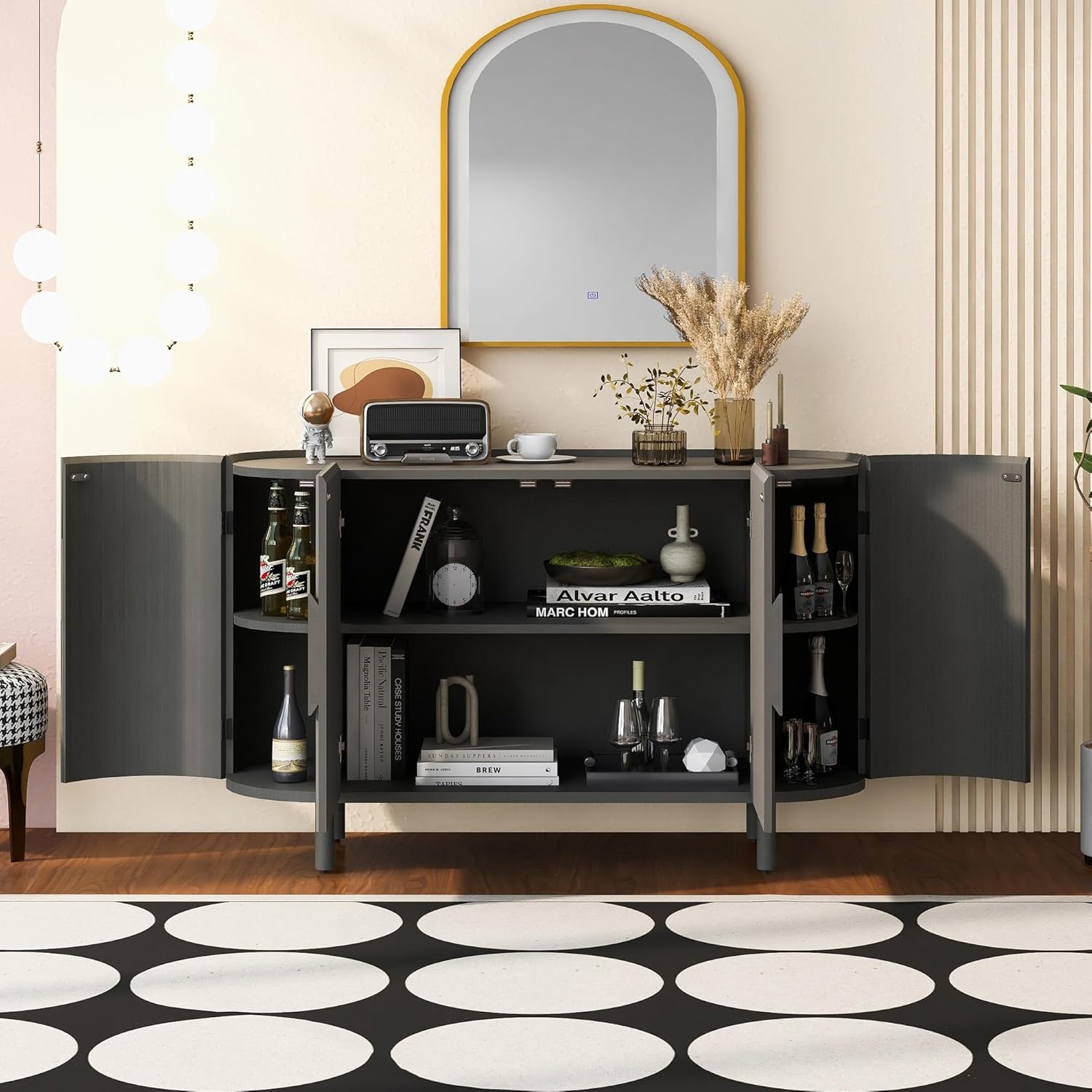 Curved Design Light Luxury Sideboard with Adjustable Shelves Brown Modern Contemporary MDF Wood Finish Shelving