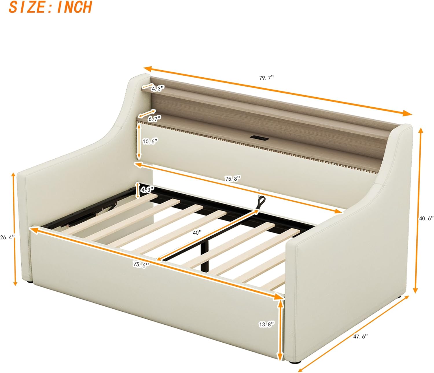 Bellemave PU Leather, Twin Daybed Frame with Lift System Headboard, LED Day Beds Size with Charging Station, Beige Hydraulic Storage