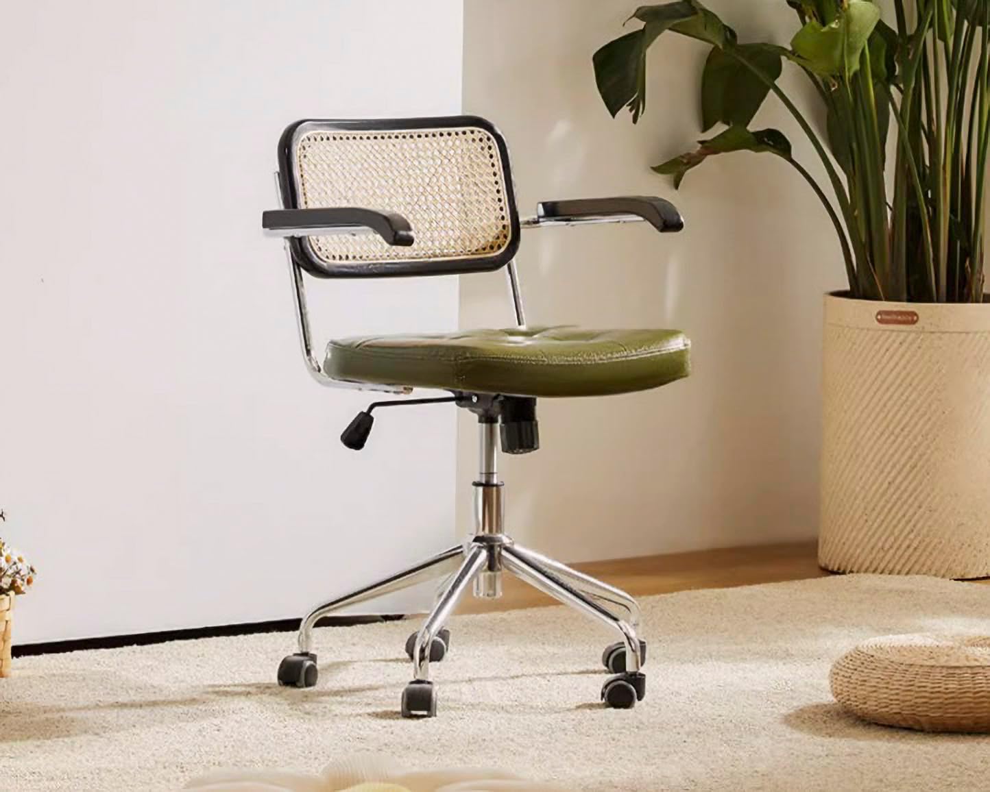 Rattan Office Chair Leather Japanese Retro Chair Computer Chair Home Swivel Chair Study Desk Chair Lift Chair Celebrity Seat (Dark Green)