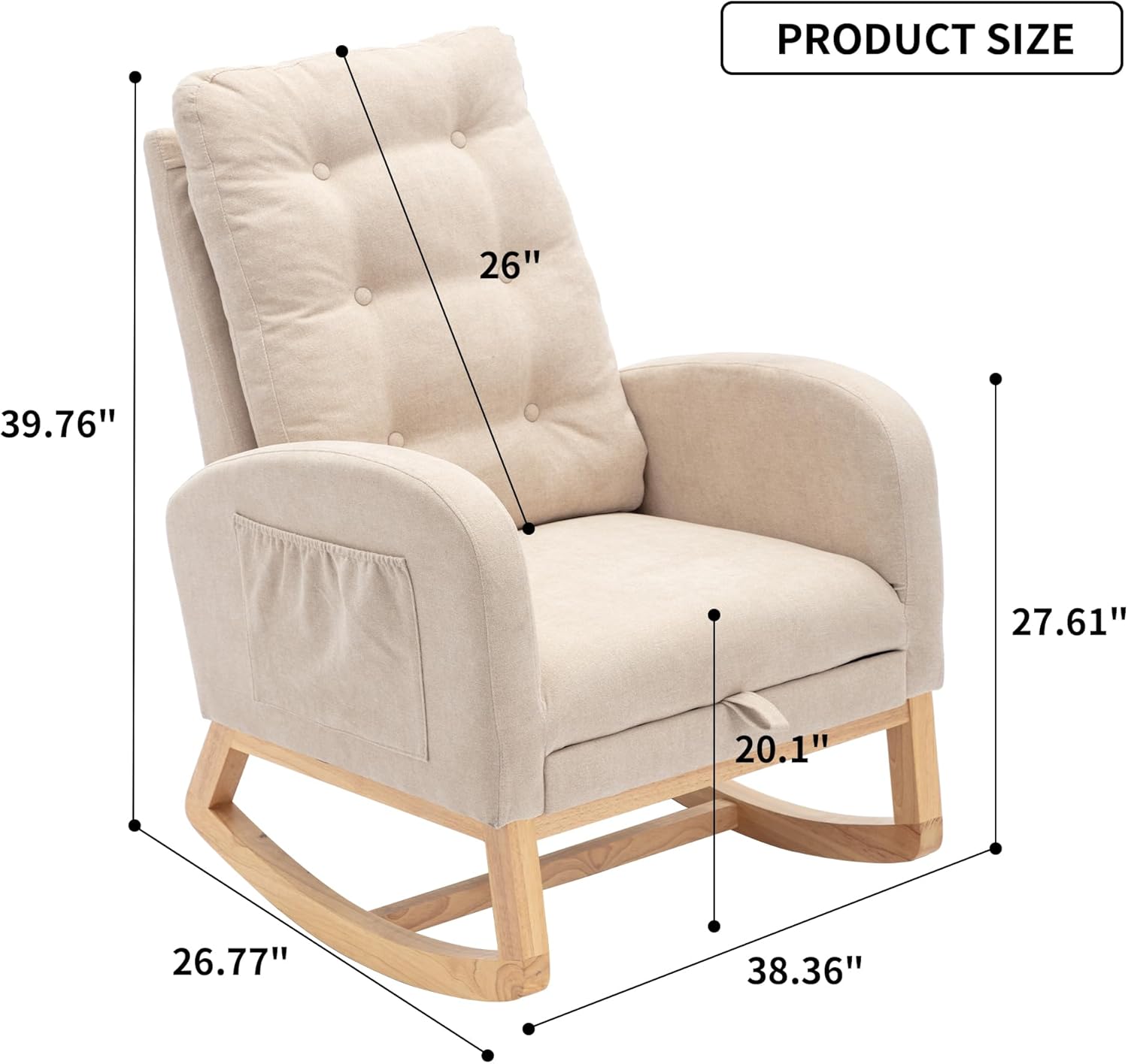 Rocking Chair Set of 1, Upholstered Glider Rocker with High Backrest Armchair, for Living, Bedroom, Nursery Room, Beige