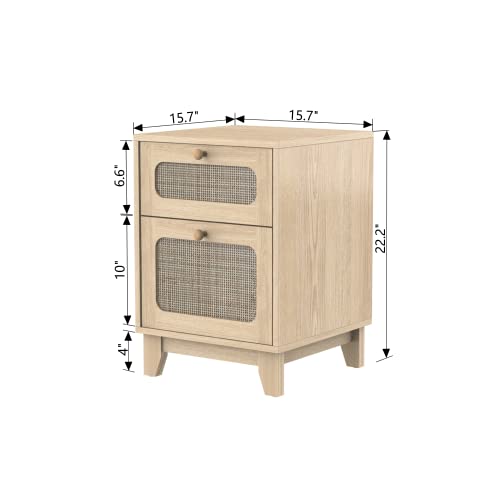 Modern Wicker Rattan Stand,Rattan Stand with Drawer and Charge Station, Wooden Side End Table for Small Spaces, Natural Wood BedsideTable for Bedroom,Easy Assembly (with Charging Station, 2)