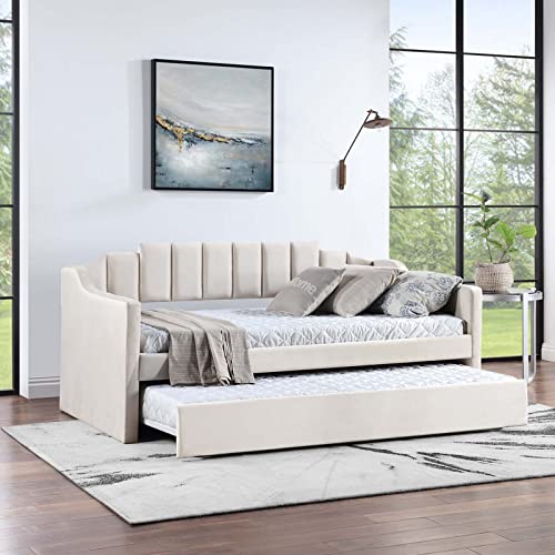 Antetek Daybed with Trundle, New Velvet Upholstered Twin Size Sofa Day Bed Frame with A Roll-Out Trundle, No Box Spring Needed, Furniture for Bedroom Living Room Bedroom Guest Room (Beige, Twin)