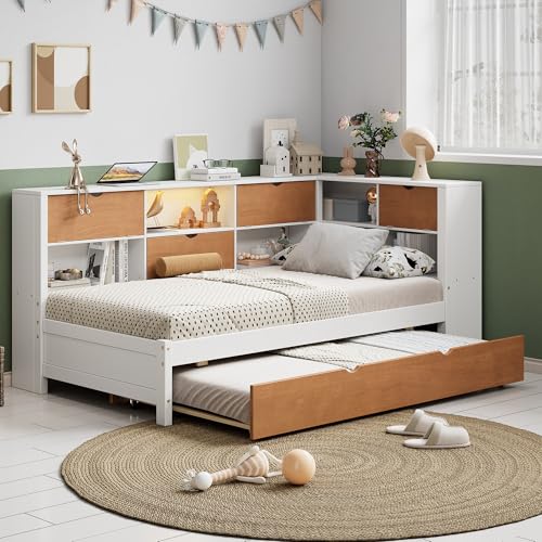 Full Size Daybed with Storage Bookcase Headboard Built-in USB Ports,L-Shaped Corner Captains Day Bed Frame Underneath Drawers,Kids,Adults,Gray