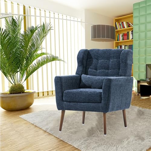 Modern Accent Chair with Waist Pillow,Thick Sponge Wingback& Wood Legs,Comfy Chenille Reading Chair& Upholstered Lounge Armchair for Living Room,Bedroom,Office (Grey)