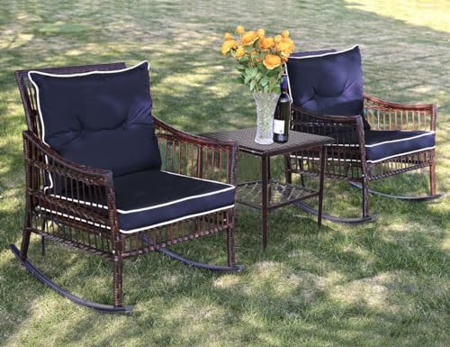 Outdoor Rattan Wicker Rocking Chair 3 Pieces Patio Conversation Furniture Bistro Sets with Side Table and Cushions for Porch Garden and Balcony