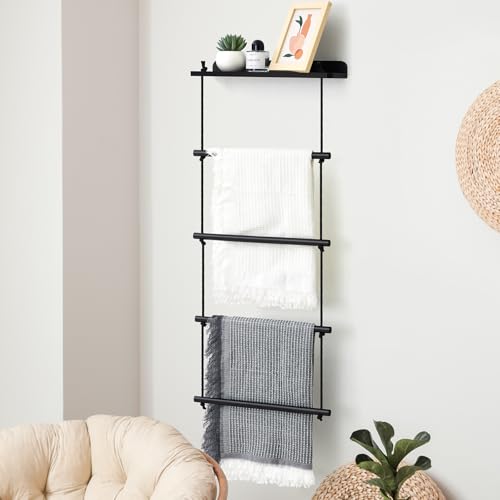 5 Layer Wooden Blanket Ladder 5.9 x 16.5 x 38.6 Inch 2 in 1 Towel Racks Decorative Wall Wood Shelf Blanket Holder Quilt Towel Holder Rack for Bathroom Living Room Bedroom (Black)