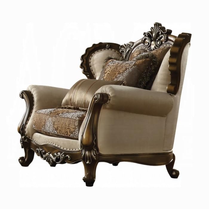 Traditional Sofa W/8 Pillows with Crystal Like Button Tufted, Wooden Queen Anne Leg, Loose Seat & Tight Back Cushion for Living Room, Office in Tan, Pattern Fabric & Antique Oak Finish