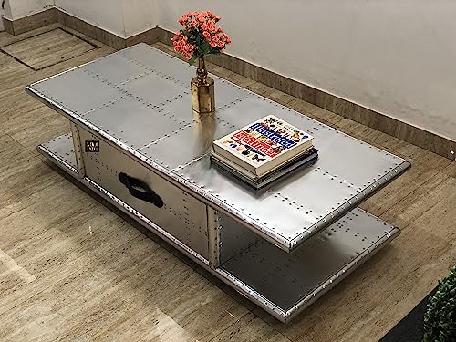 NauticalMart Aviator Coffee Table with Drawers Aluminum Rectangular Center Tea Table Housewarming Gift, Living Room Decoration & Office Furniture (40 Inches)