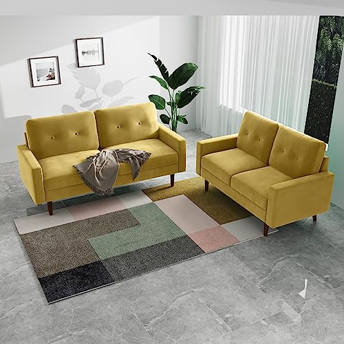 Small Velvet Loveseat, Mid-Century Modern Love Seat, Small Spaces Loveseats, Sofa Couch for Living Room Bedroom Office, Square Arms, Solid Wood Legs (70