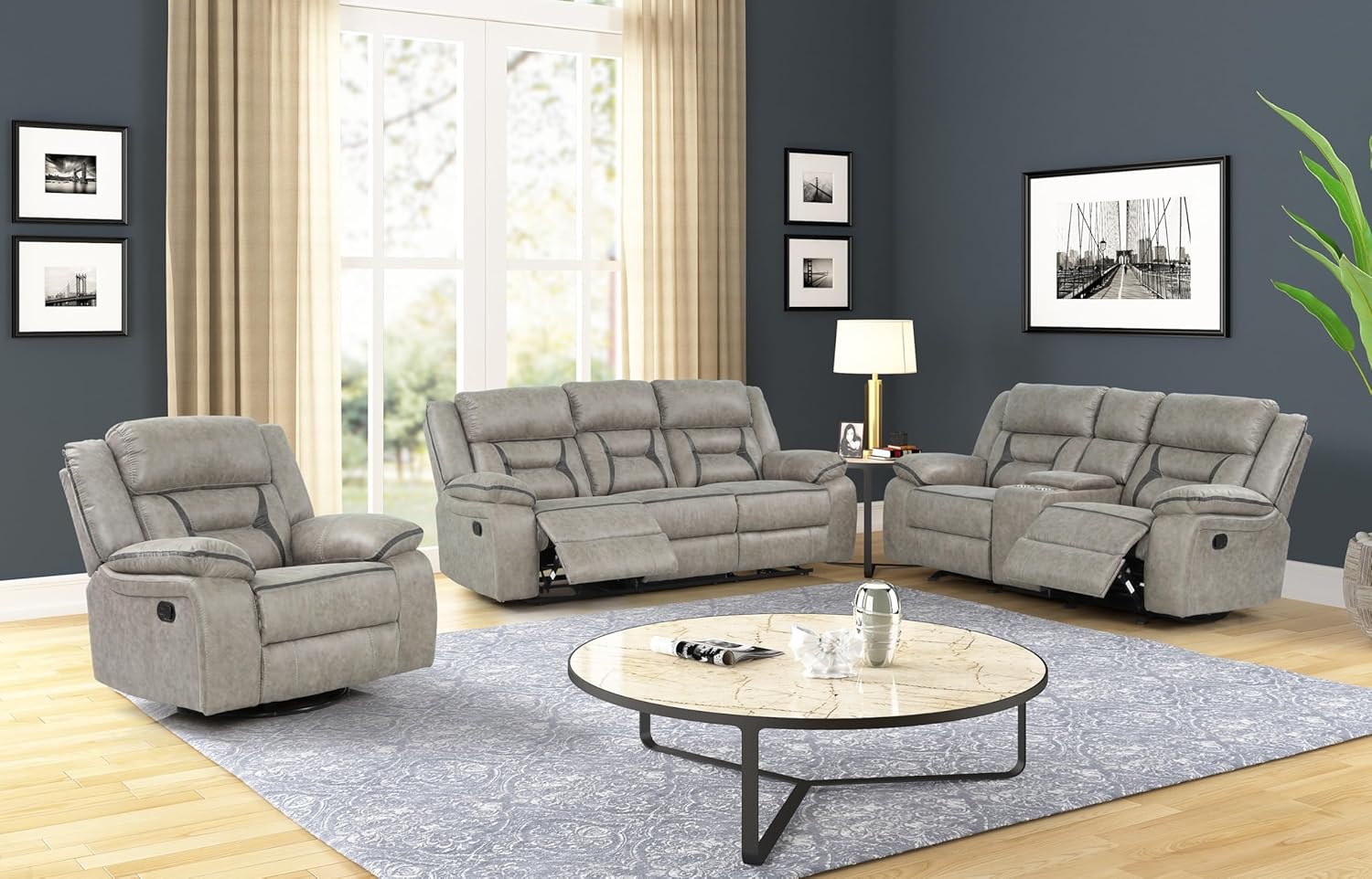 Denali Modern Style Reclining 3 PC Upholstery Living Room Set Made with Wood & Faux Leather in Gray
