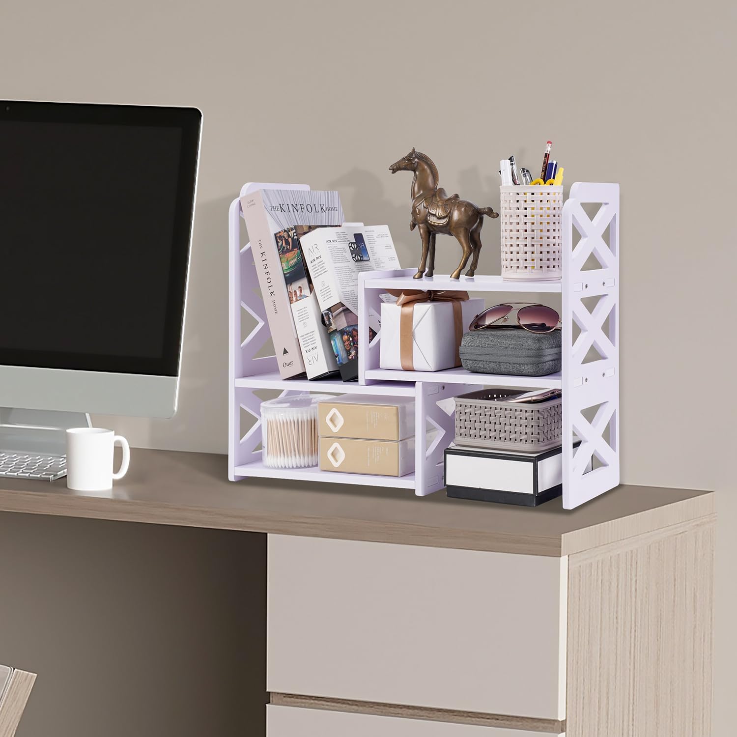 Desk Organizer Expandable Bookshelf White Adjustable Small Bookshelf for Desktop Storage Mini Cute Office Desk Shelves for Classroom Office Dormitory Home