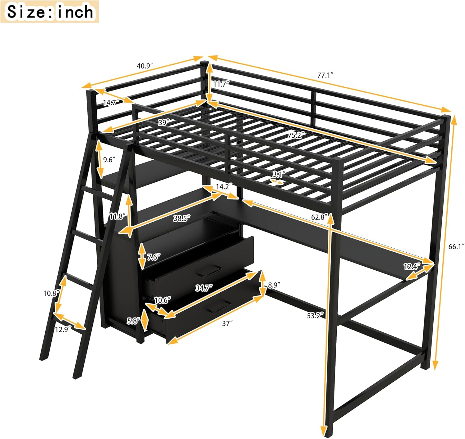 Twin Size Loft Bed with Desk and Storage Drawers, Metal&Wood Loft Bed with Desk and Shelves, Heavy-duty Loft Beds with Ladder for Kids Boys Girls Teens, Black