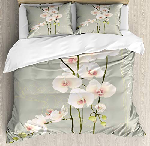 Ambesonne Flower Duvet -Cover Set, Orchid Flower Floral Nature Country Inspired Design Petals -Stencil Artwork, Decorative 3 Piece Bedding Set with 2 Pillow Shams, Queen Size, Pink Grey