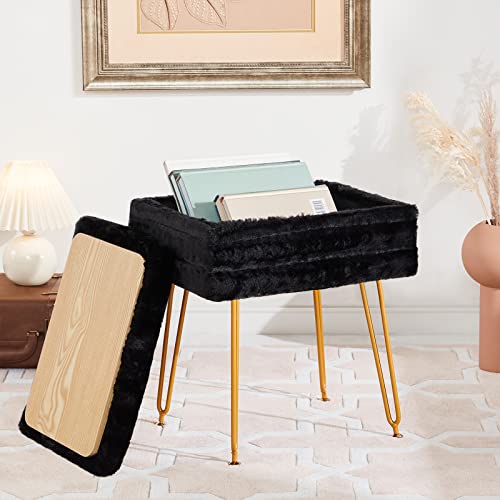 Soohow Vanity Chair Storage Vanity Stool Ottoman Foot Rest, Faux Fur Makeup Vanity Stool, Vanity Chair for Makeup Room, Foot Stool for Living Room, Bedroom, Storage Ottoman，Metal Legs