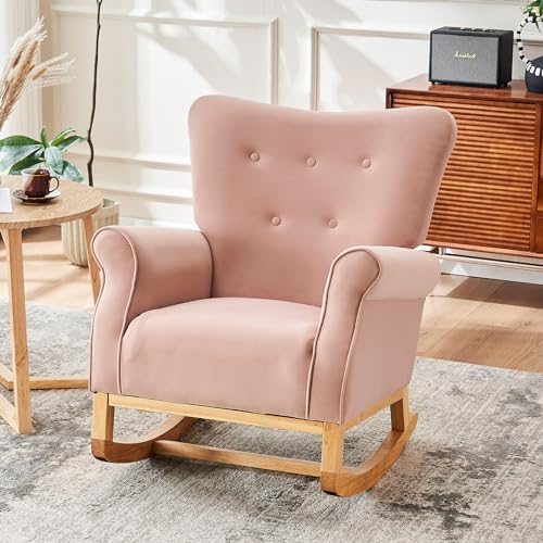 Nursery Rocking Chairs, Upholstered Velvet Nursery Glider Rocker with Comfy Armrest, Accent Nursing Rocking Chair with Solid Wood Legs for Baby Nursery (Pink)