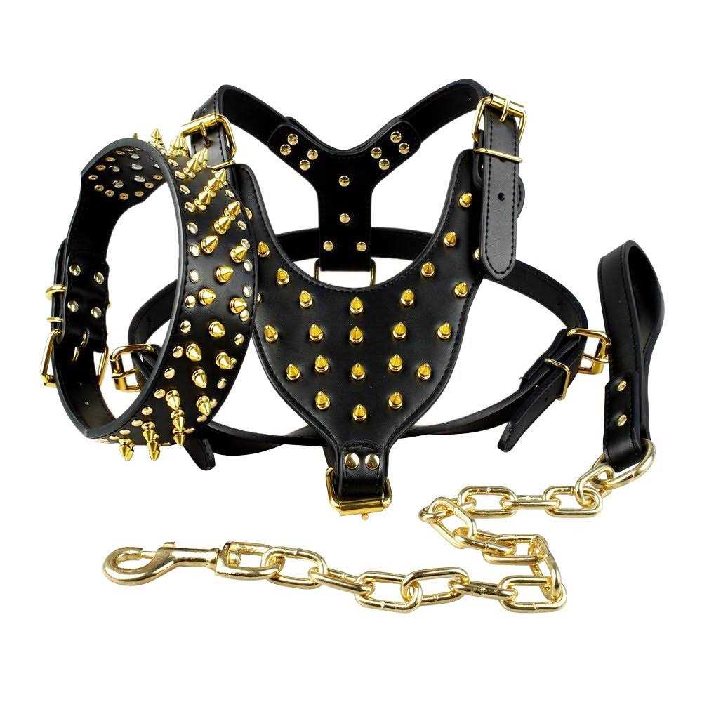 Berry Pet Black Leather Spikes Studded Medium & Large Dog Collar & Leash & Harness 3 Pcs Set for Pitbull Boxer - Pet Supplies online store