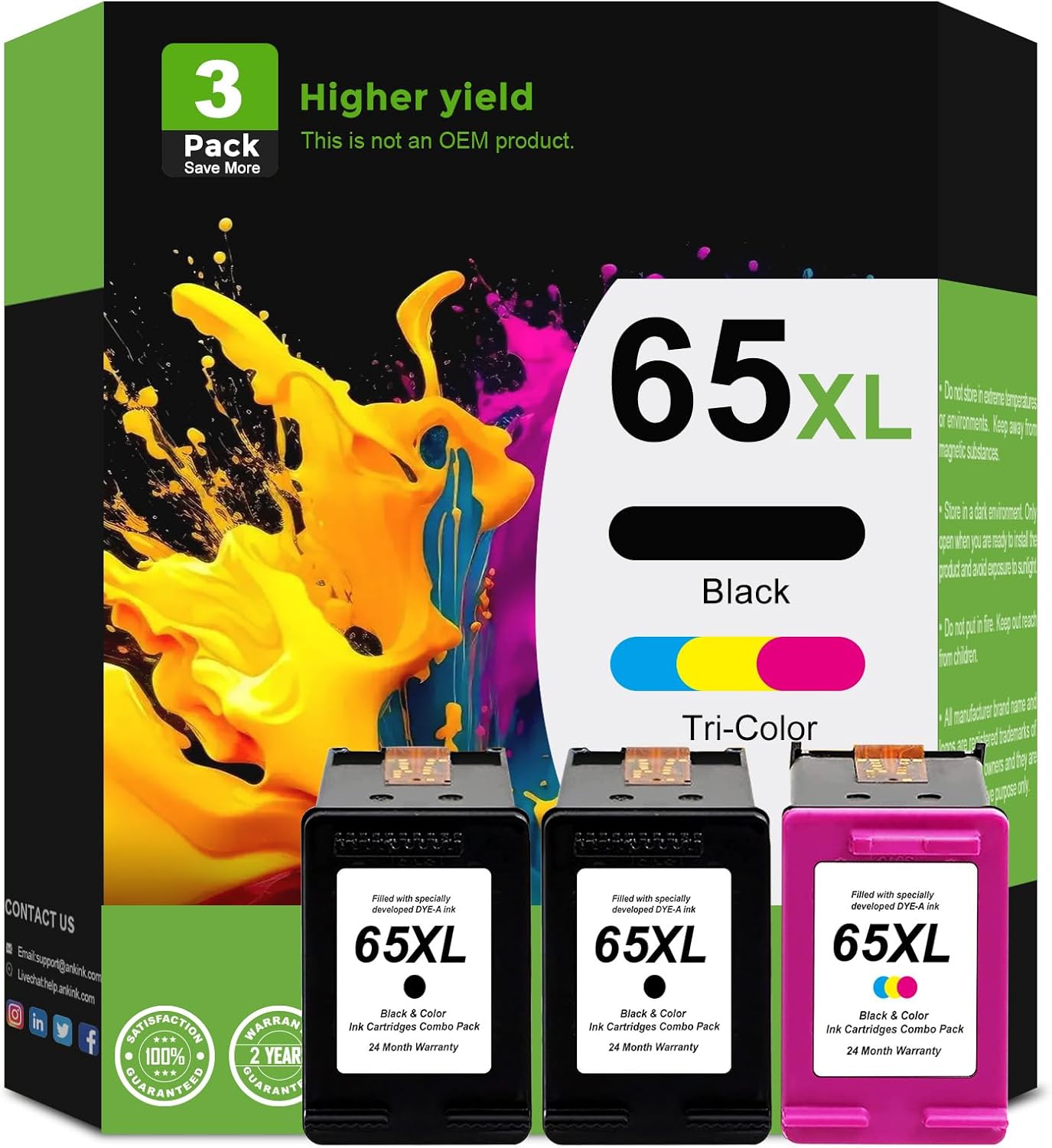 3 Pack 65XL Compitable Ink Cartridges Replacement for HP Ink 65 XL HP65XL Combo (Black and Color 3-Pack) for HP65 5055 5000 5052 5010 5070 5014 3755 3700 3772 2600 3752 2652 2655 2622 2640 Printer