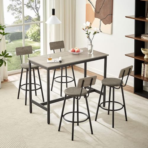 Pub High Dining Table 5 Piece Set, Industrial Style Pub Table, 4 PU Leather Bar Chairs for Kitchen Breakfast Table, Living Room, Bar, 47.2″L x 23.6