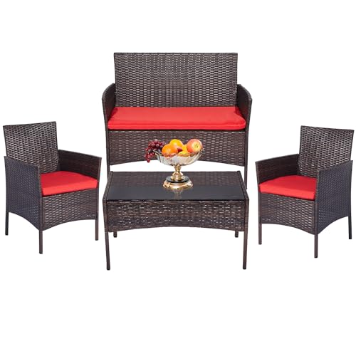 4 Pieces Patio Furniture Set, Outdoor Conversation Sets, Wicker Rattan Chairs for Garden Backyard Balcony Porch Poolside, Patio Bistro Set with Glass Table and Soft Cushions (Red)