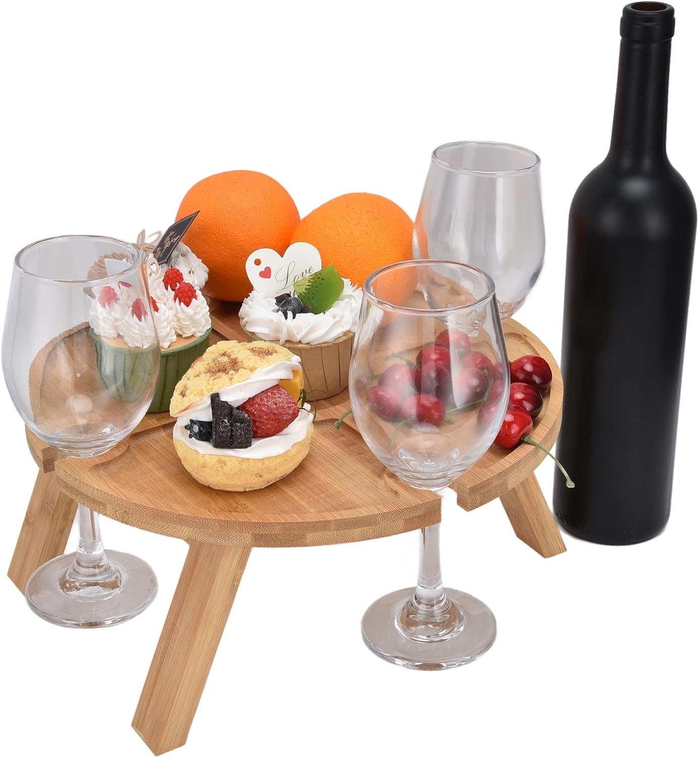 Folding Picnic Table with Wine Glass Holder, Portable Wine Table, 2 in 1 Portable Wine Glass Rack and Compartmental Dish Outdoor, Snack Tray Table for Cheese and Fruit, Camping, 11.8 in Diameter