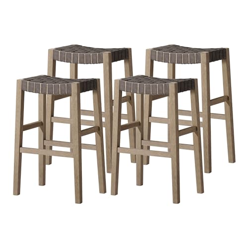 Maven Lane Emerson 31 Inch Tall Bar Height Backless Saddle Barstool in Weathered Grey Wood Finish with Ronan Stone Vegan Leather Seat, Set of 4