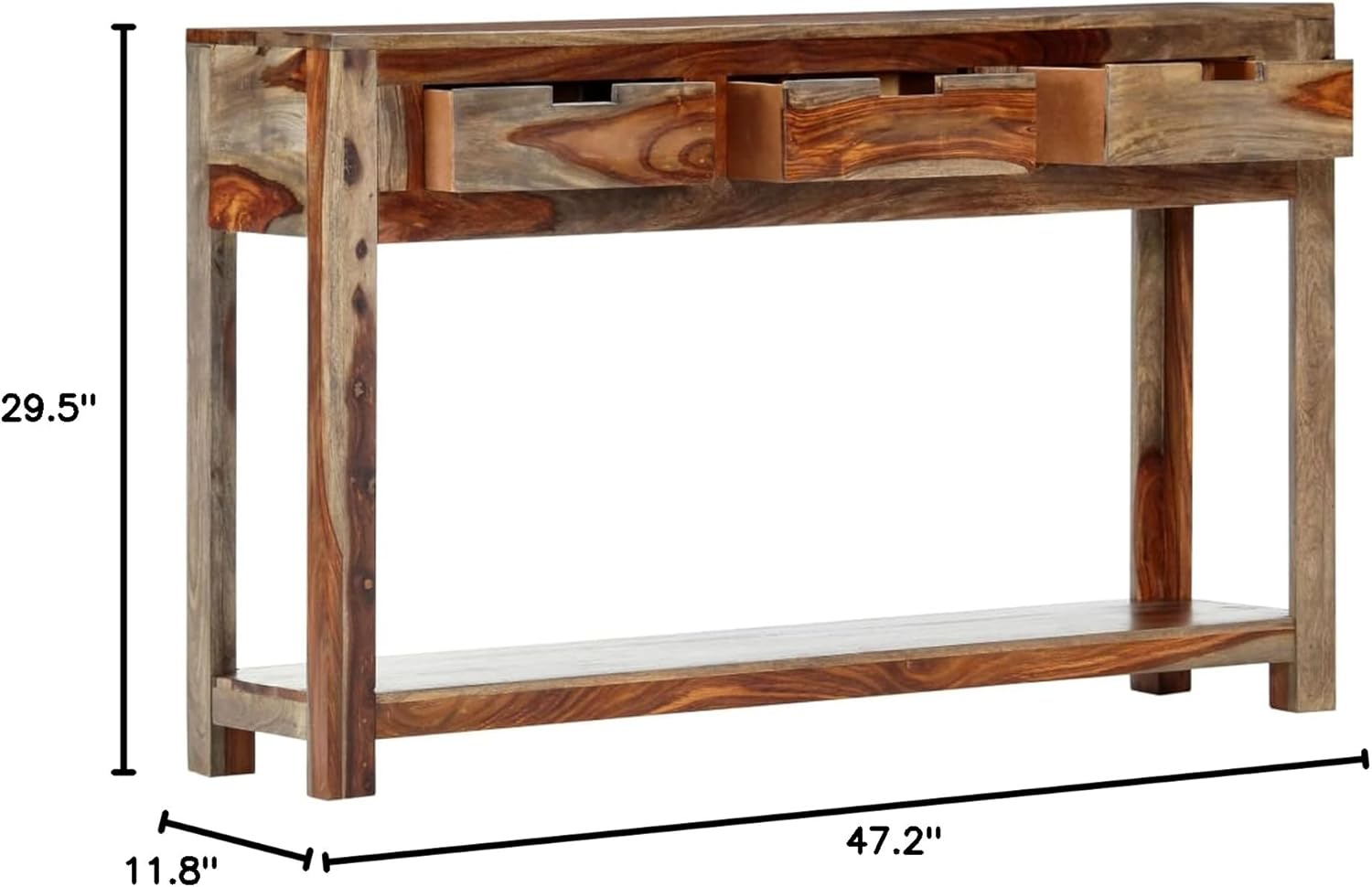 Tidyard Console Table with 3 Storage Drawers and Bottom Shelf Sheesham Wood Sofa End Table White for Entryway, Foyer, Living Room, Bedroom Furniture 47.2 x 11.8 x 29.5 in