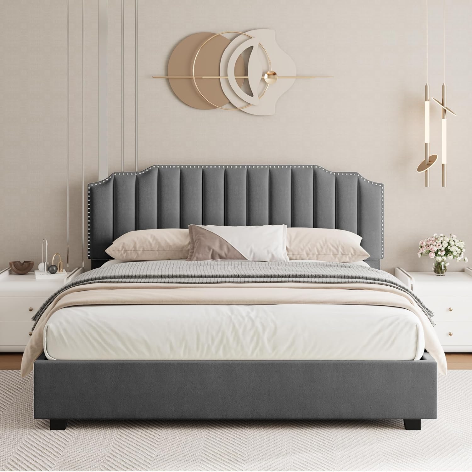 LIFT UP DOUBLE SIZE BED GRAY VELVET