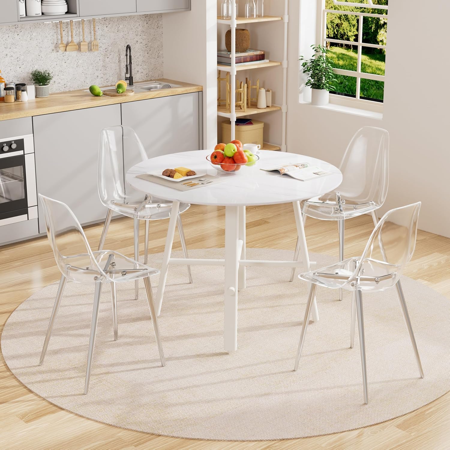 Modern Round Dining Room Table Set for 4, 42'' White Faux Marble Circle Kitchen Table Set, 5 PCS Minimalist Circular Dinner Table Set, Small Dinette Table Set with Clear Acrylic Chair for Home
