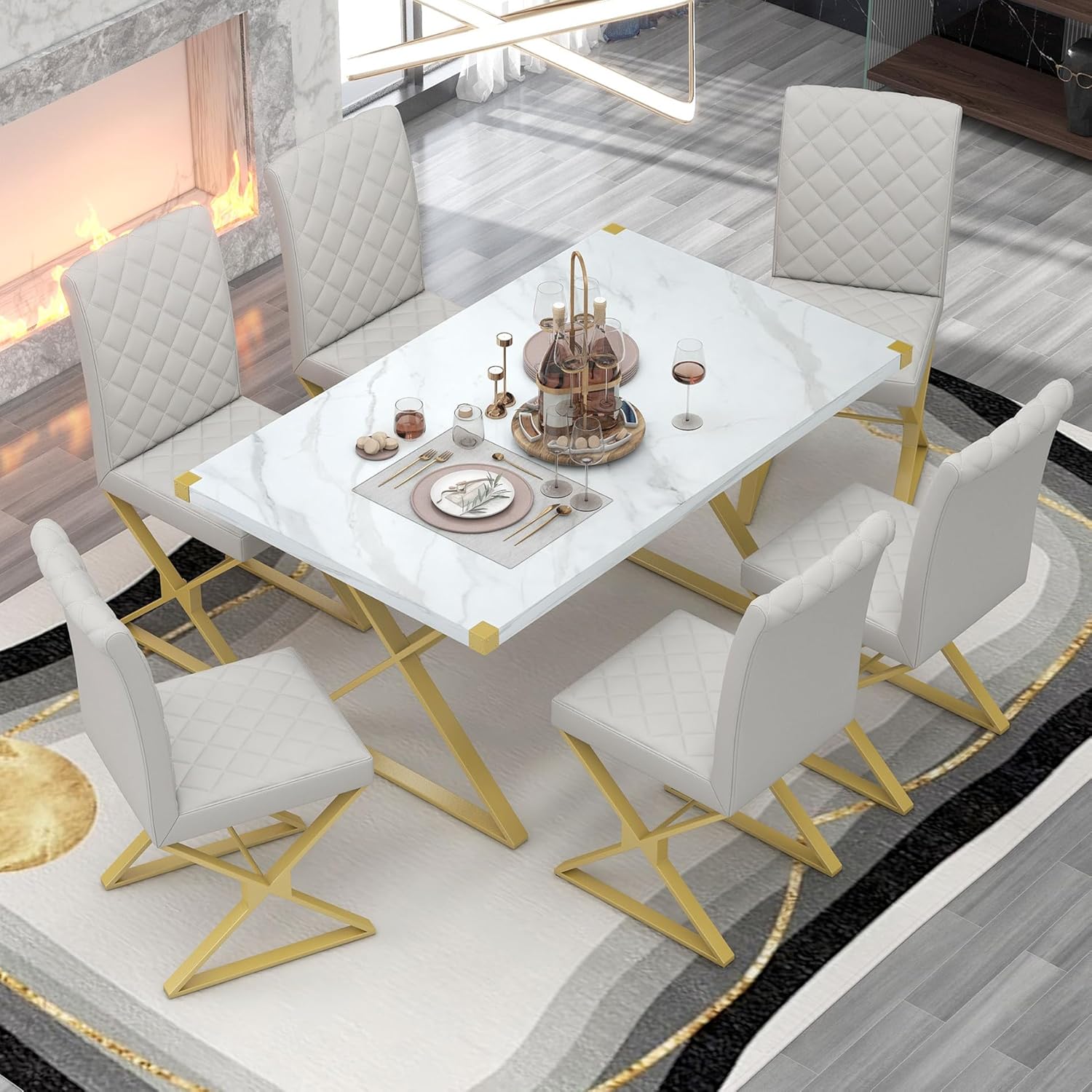 SSLine Modern Faux Marble Dining Table Set for 6, White Rectangular Kitchen Table with 6 Beige Upholstered Dining Chairs Luxury Dining Room Table Set with Gold Base for Kitchen Breakfast Nook
