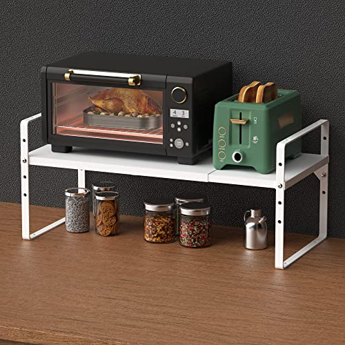 Redrubbit 2 Pack Expandable Cabinet Shelf Organizers, Stackable Kitchen Counter Shelves Spice Rack for Kitchen Bathroom Pantry Cupboard Desk Home Office, White-Large