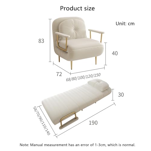 Folding Sofa Bed Sleeper Chair with Pillow Modern Foldable Chair for Living Room Dorm Guest Use Home Office Apartment (Color : Light Khaki, Size : 68cm)