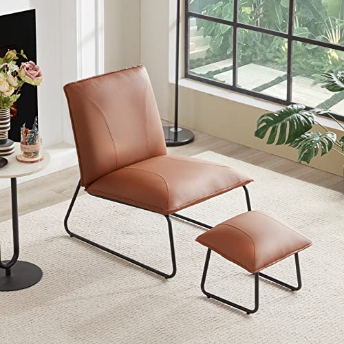 Modern Accent Chair, Living Room Chair with Footrest, Faux Leather Waterproof Fabric Armless Accent Chairs, 16″High Comfy Mid Century Modern Chair for Office Bedroom Chairs for Adults Lazy Corner