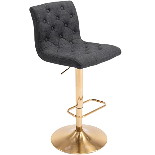 Brage Living Tufted Fabric Bar Stool, Adjustable Swivel Counter Height Barstool with Back, Upholstered Armless Airlift Bar Chair for Kitchen Dining Cafe (Blue, Gold Base)