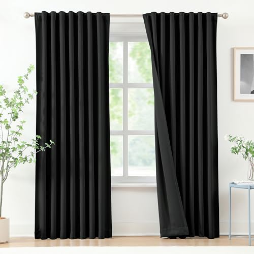 Grey Full Blackout Curtain for Bedroom 84inch Length Set with Back Tab and Rod Pocket Hook Belt, Triple Weave Thermal Insulated Total Light Blocking Window Drapes for Living Room 40