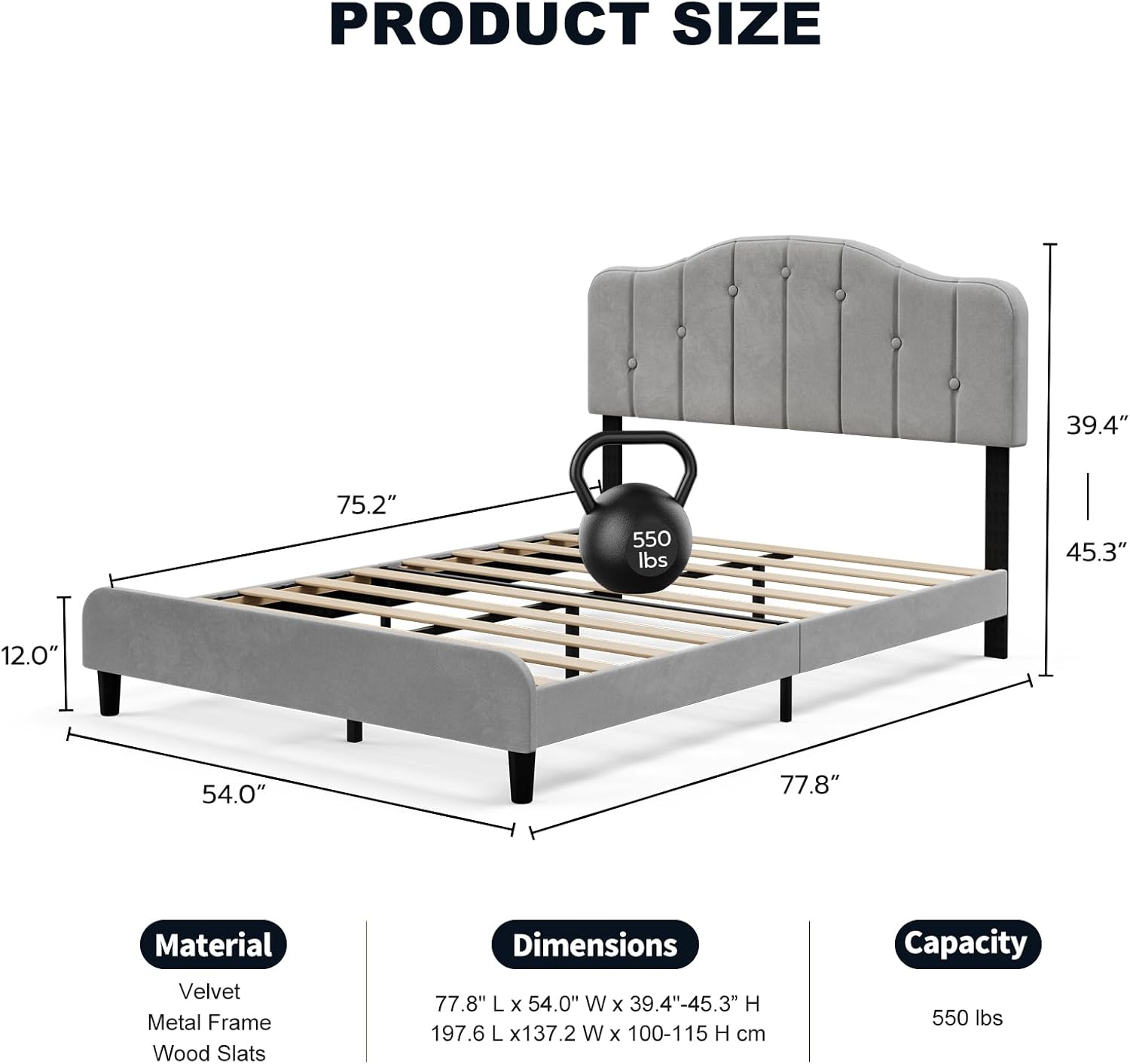 IKIFLY Velvet Upholstered Full Size Bed Frame - Button Tufted Full Platform Bed with Adjustable Headboard, Solid Wood Slats Support, No Box Spring Needed, Easy Assembly - Light Grey
