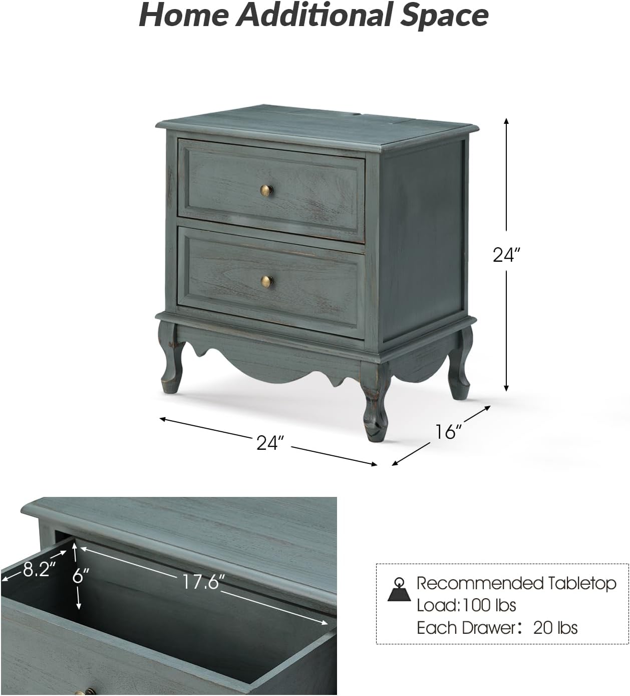 HULALA HOME Wood Nightstands Set of 2 with Charging Station Space, 24