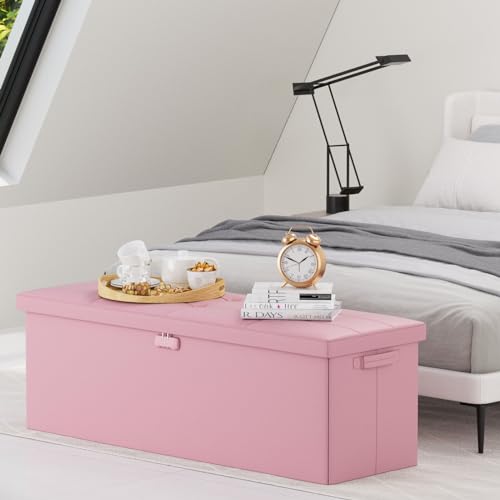 DocSafe Storage Ottoman Bench with Lock,Fireproof Folding Storage Bench Foot Rest Stool Storage Chest with Storage Safe for Important Documents,Waterproof Leather 30 Inches Ottoman with Handles,Gray