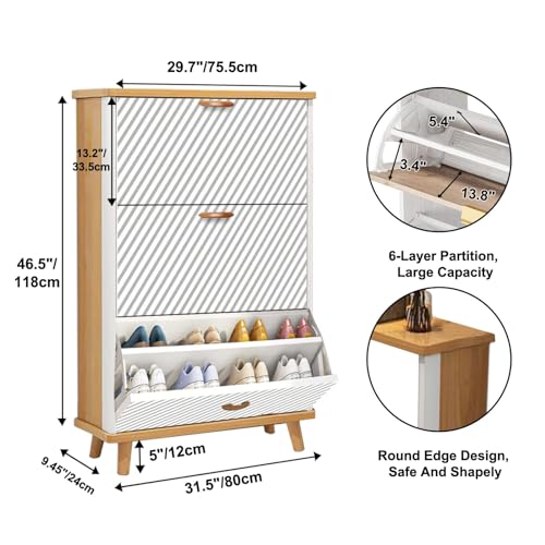 Shoe Storage Cabinet for Entryway Rounded Squares Black White Seamless Pattern Geometric Website 3 Flip Drawers Shoe Cabinet Hidden Rotating Wooden Shoe Rack Storage Organizer