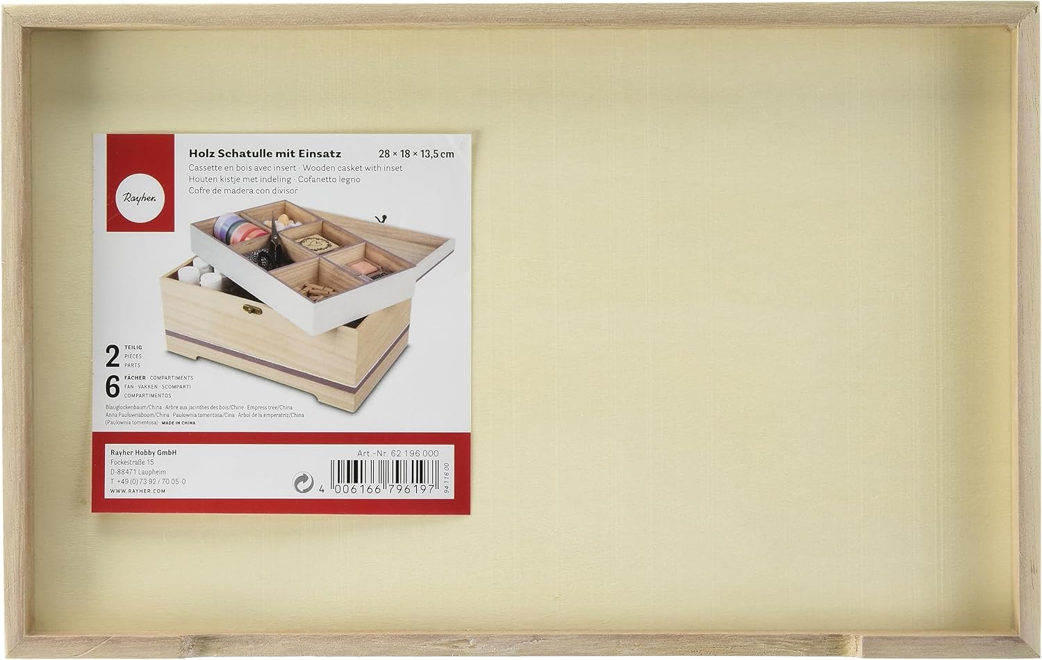 RAYHER Wooden Casket with Inset, 2 Parts, 28x18x13,5cm, Multi-Colour, 2.85 x 1.89 x 1.37 cm