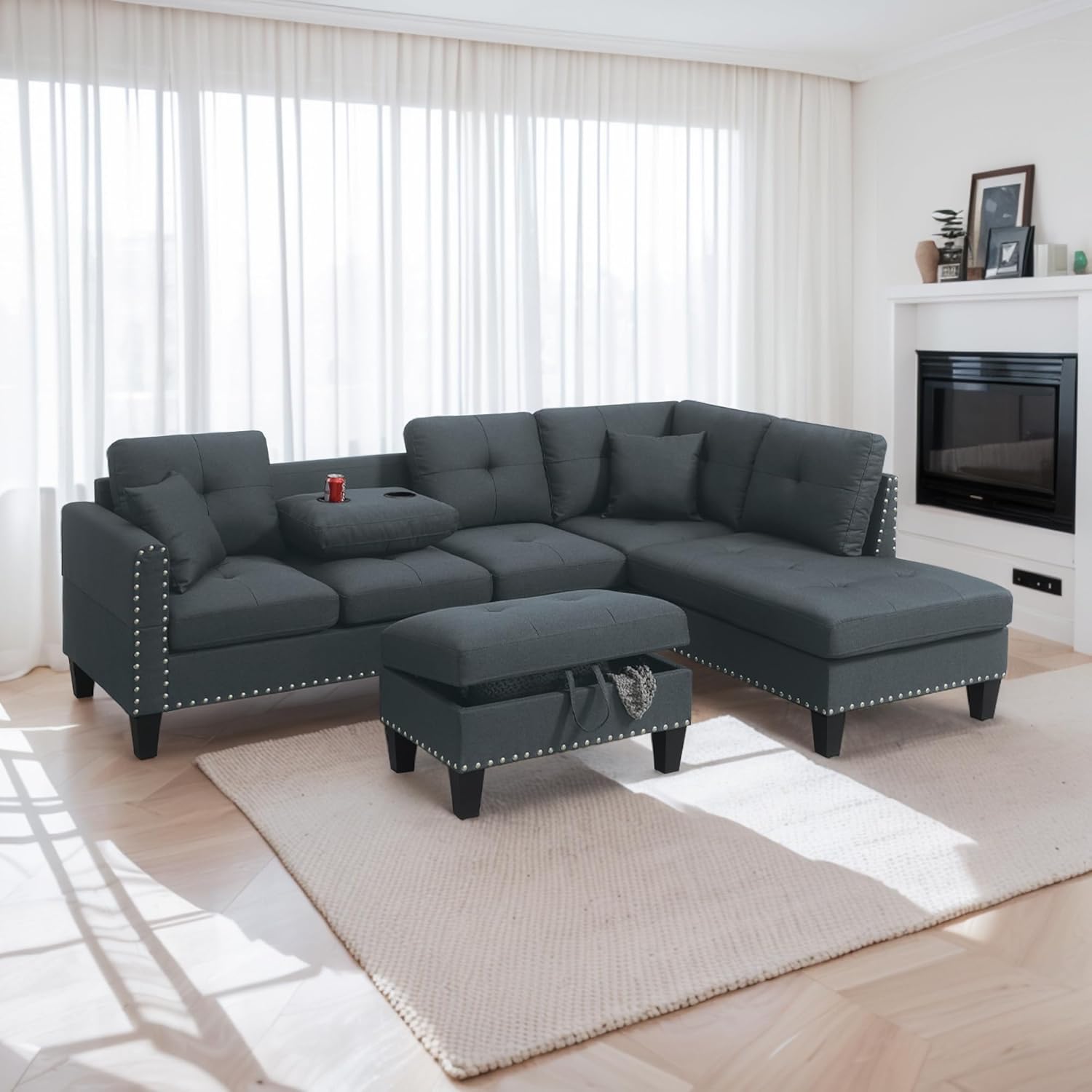 Oversized Reversible Sofa with Storage Ottoman, Cup Holder, Modern Modular Sectional Couch Rivet Ornament Convertible Chaise Living Room Furniture Set, Charcoal Black, 1