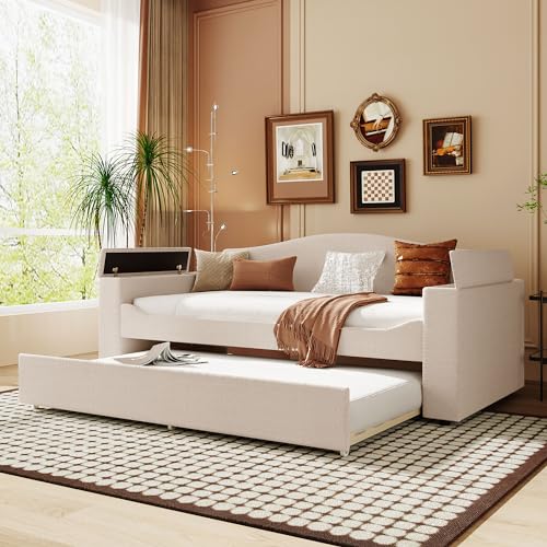 Twin or Double-Twin Daybed with Trundle,Wooden Extendable Daybed-Frame,Bedroom Solid Wood Beds Frame Designed for Kid Teen Boy Girl,White