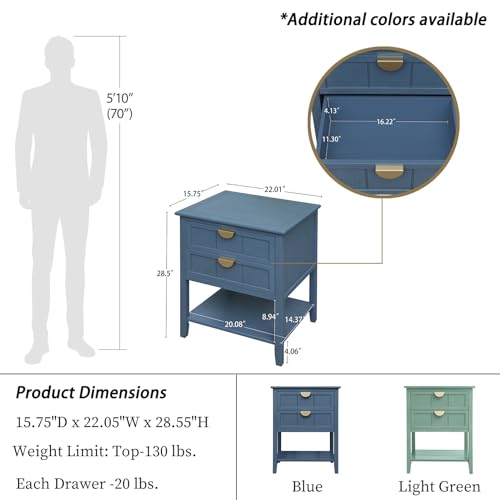 American Style 2 Drawer Side Table with Open Display Shelf, Nightstand with Handle Drawer for Bedroom, Living Room, Study (Blue, Set of 1)