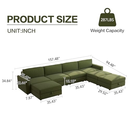 5 Seater Modular Sectional Sofa U-Shaped Couch, Modern Oversized Sectional Sofa with Ottoman, 5 Seat Sofa Couch with Storage for Living Room, Green