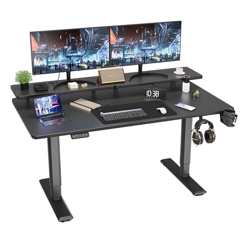 Kemon Electric Standing Desk with Monitor Stand, 55 x 24 Inch Height Adjustable Sit Stand up Desk, Home Office Computer Workstation with Cup Holder and Hook, Stand Table for Work, Rustic Brown