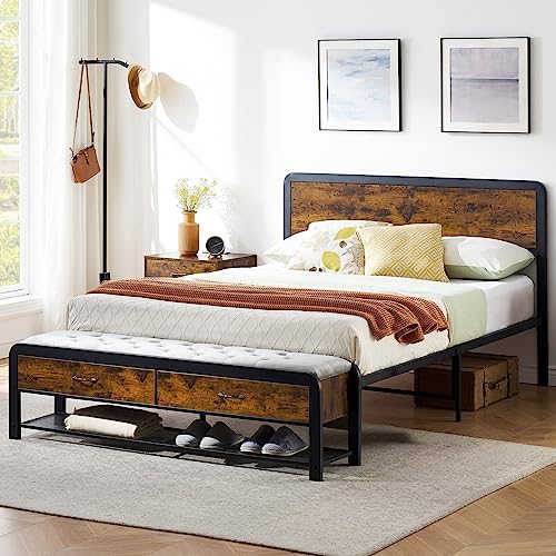 Full Size Platform Bed Frame with 2 Storage Drawers and Headboard, Bed Frame with Safe Rounded Corners & Strong Metal Slats Support, Mattress Foundation with Storage No Box Spring Needed