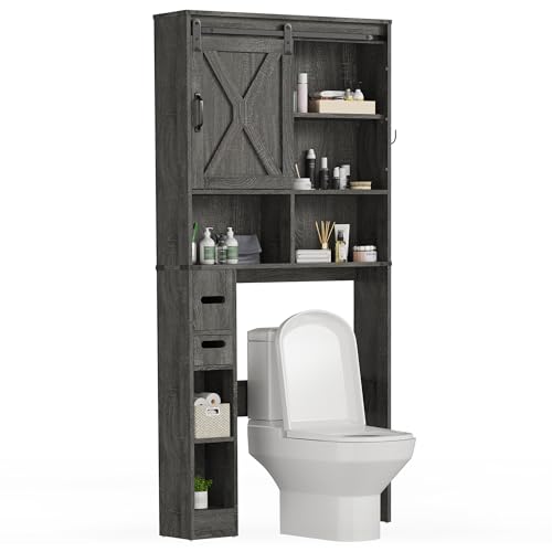 Bathroom Cabinet Over Toilet, Freestanding Toilet Rack with Door Adjustable Shelves & Toilet Paper Holder Stand, Storage Cabinet Over Toilet with 2 Hooks for Bathroom, Laundry, White