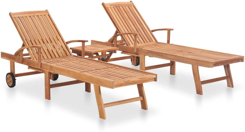 Sun Loungers 2 pcs with Table,Lounger Chair Outdoor,Outdoor Daybed,Sunbathing Recliner,Beach Chairs,with a Pull-Out Table,Adjustable Backrest in 3 Positions,for Beach,Patio,Backyard, Solid Teak Wood