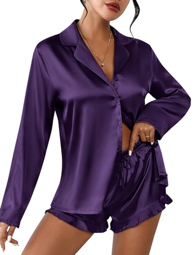 Ekouaer Womens Satin Pajama Sets Long Sleeve Top and Shorts Lounge Set Button Down Sleepwear